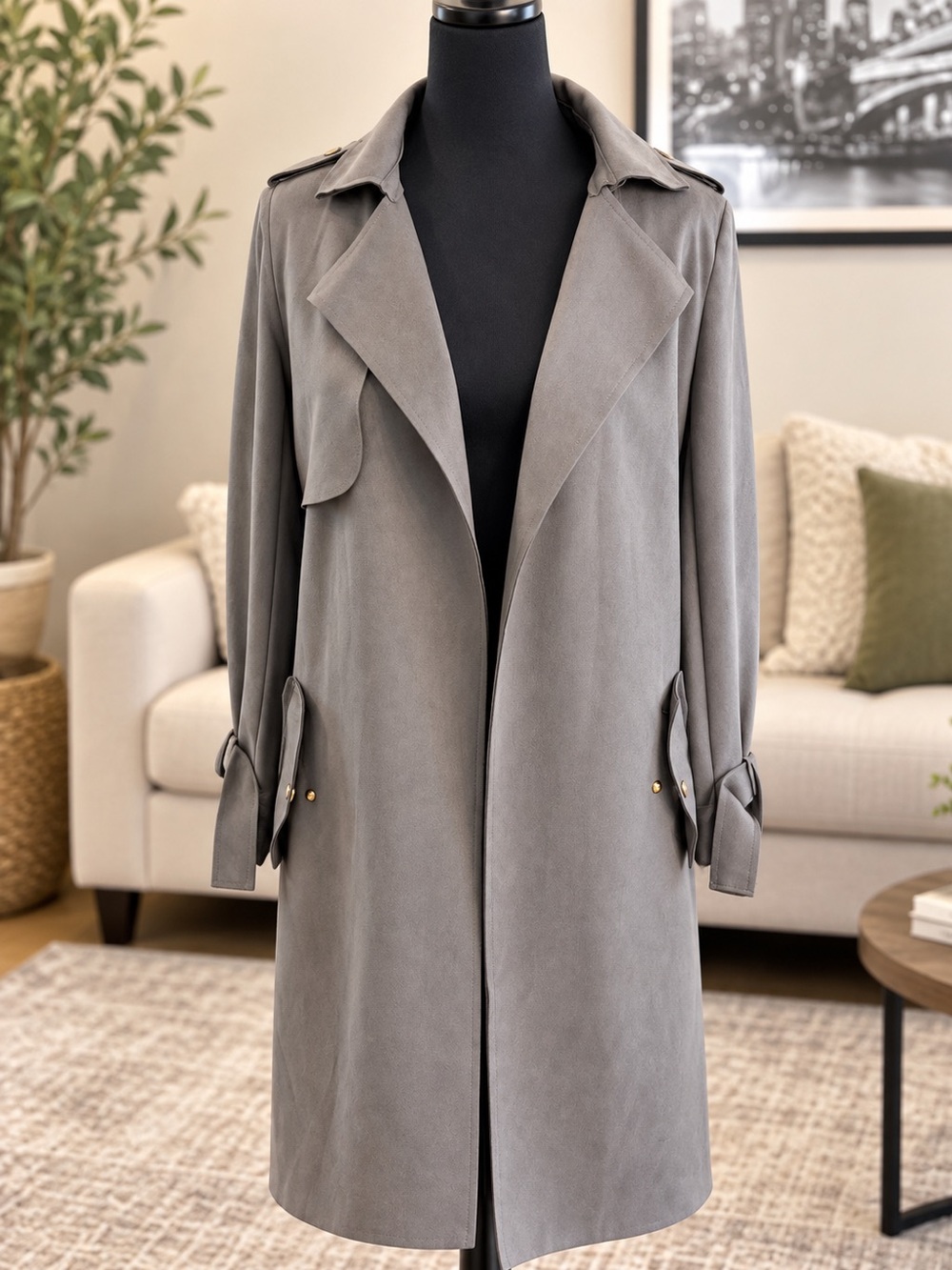 Black Label Gray Open-Front Trench Coat